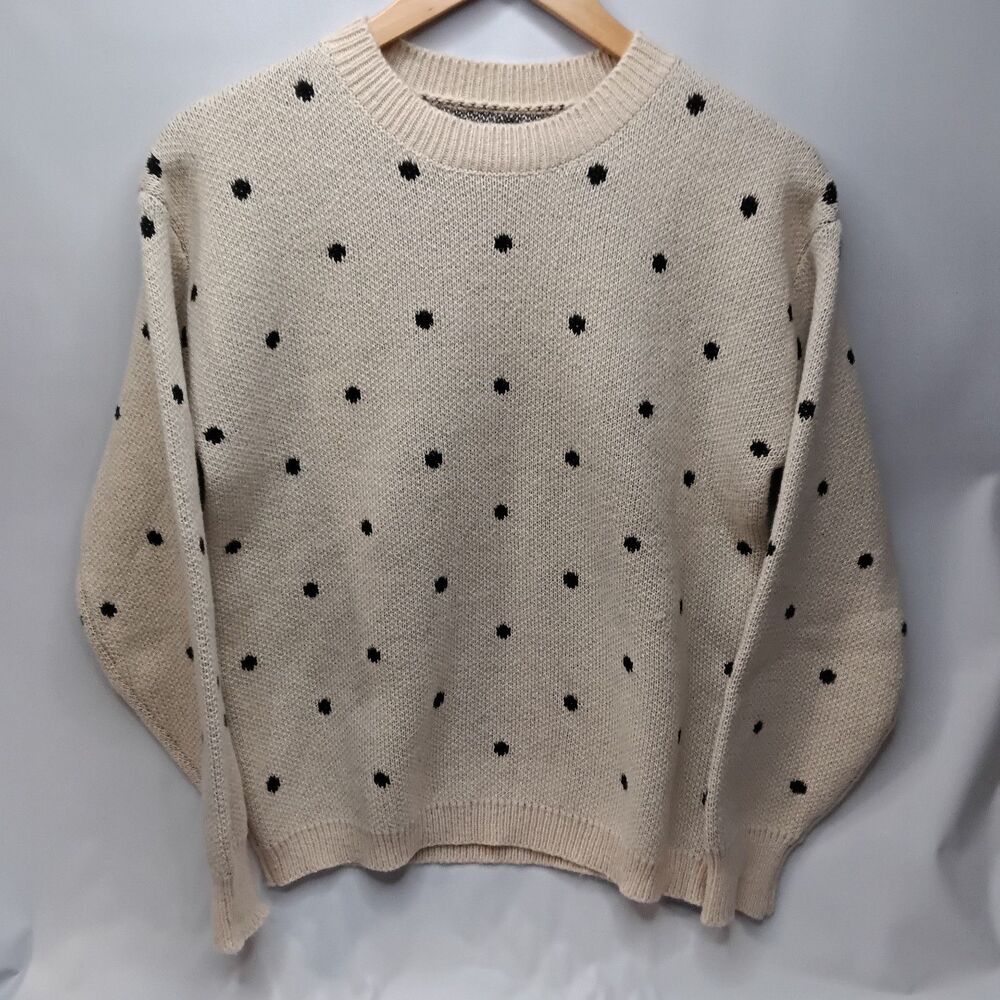Knit Sweater Crew Neck Long Sleeve Women's Size M Cream With Black Polka Dot EUC